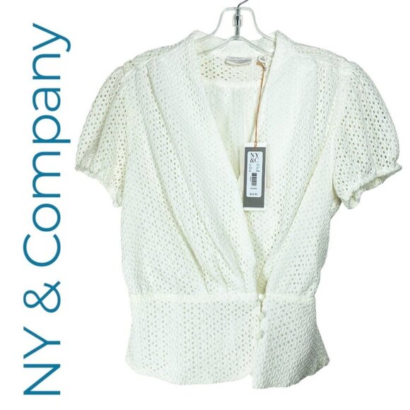 NWT NEW YORK & COMPANY EVA MENDES WHITE EYELET PEPLUM BLOUSE, SIZE MEDIUM - Picture 8 of 8
